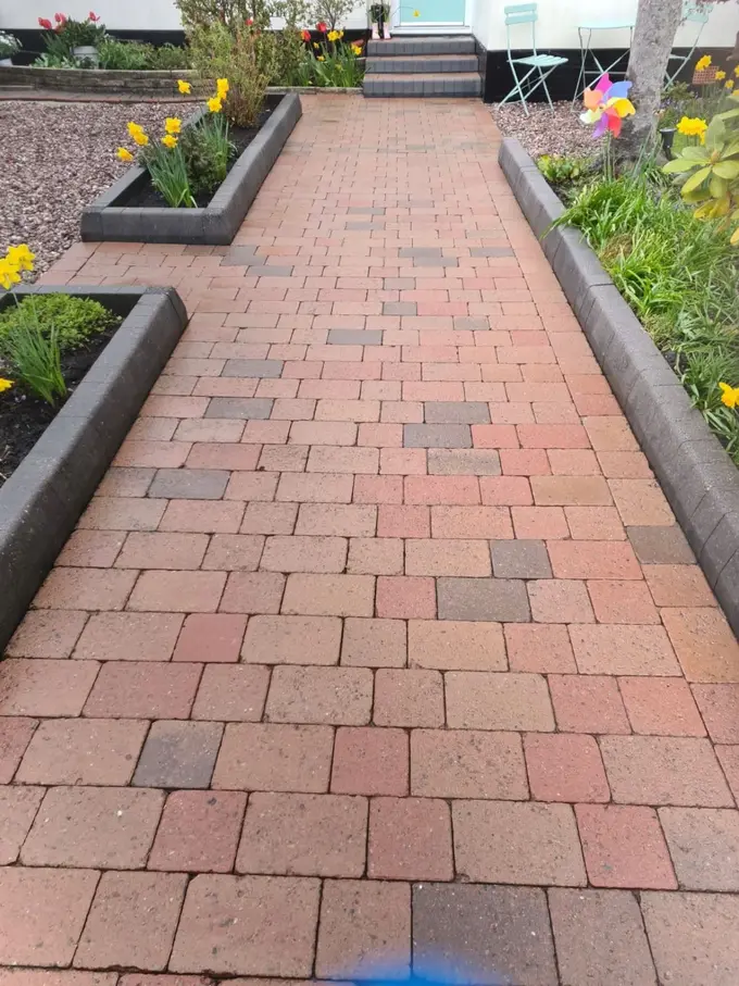 Charcoal block paving path cleaned of moss and weeds